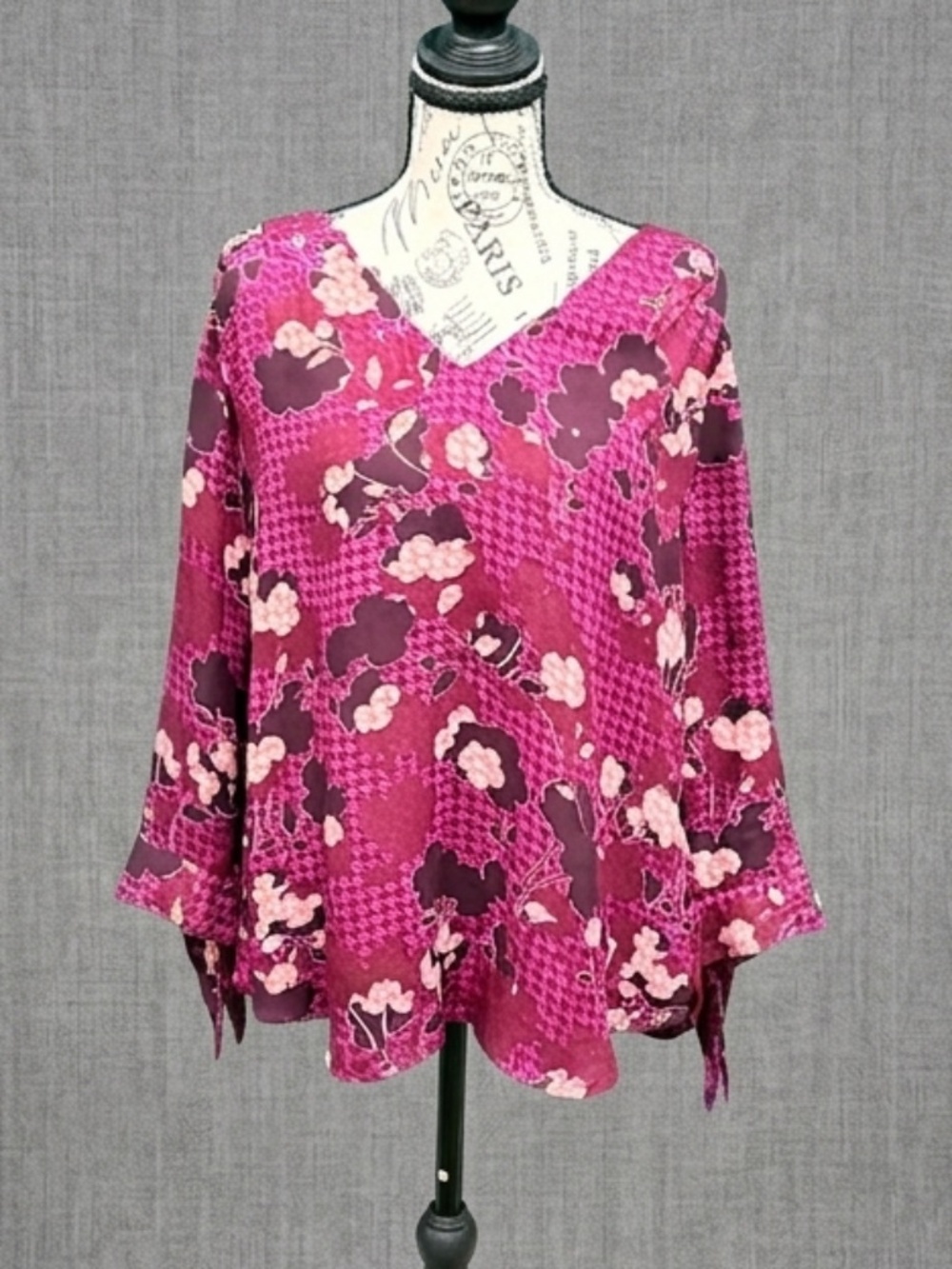 Zac & Rachel Womens Size L Floral Houndstooth V-Neck Blouse Magenta Purple Boho